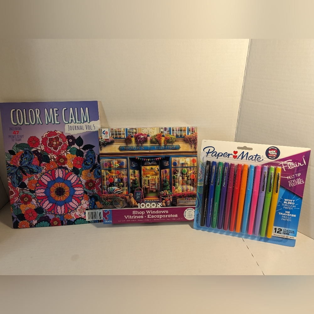 Color Me Calm Journal Coloring Book Bundle with 1000 PC  Puzzle & Felt Tip Pens